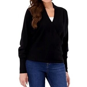 Idina Menzel Wrap Front Sweater Size M Dolman Sleeve Black Top Crisscross Style